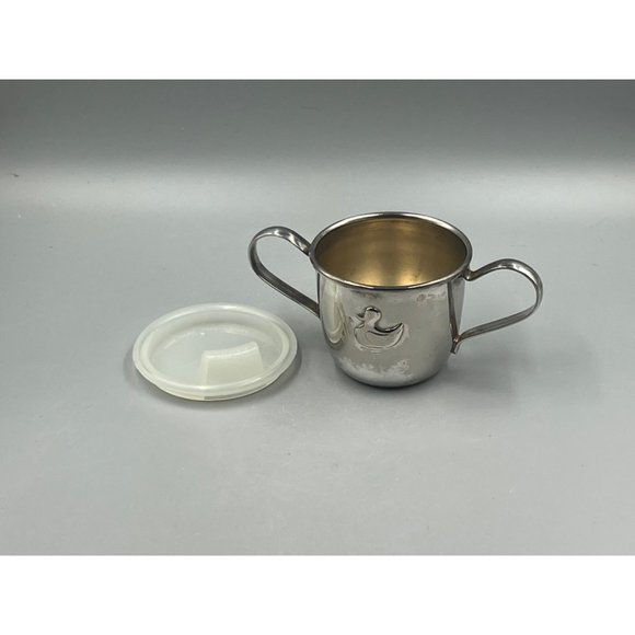 Vintage Dual Handle Silver Plated Baby/Sippy Cup w-Lid - Embossed Duck - Rebecca - Picture 5 of 9